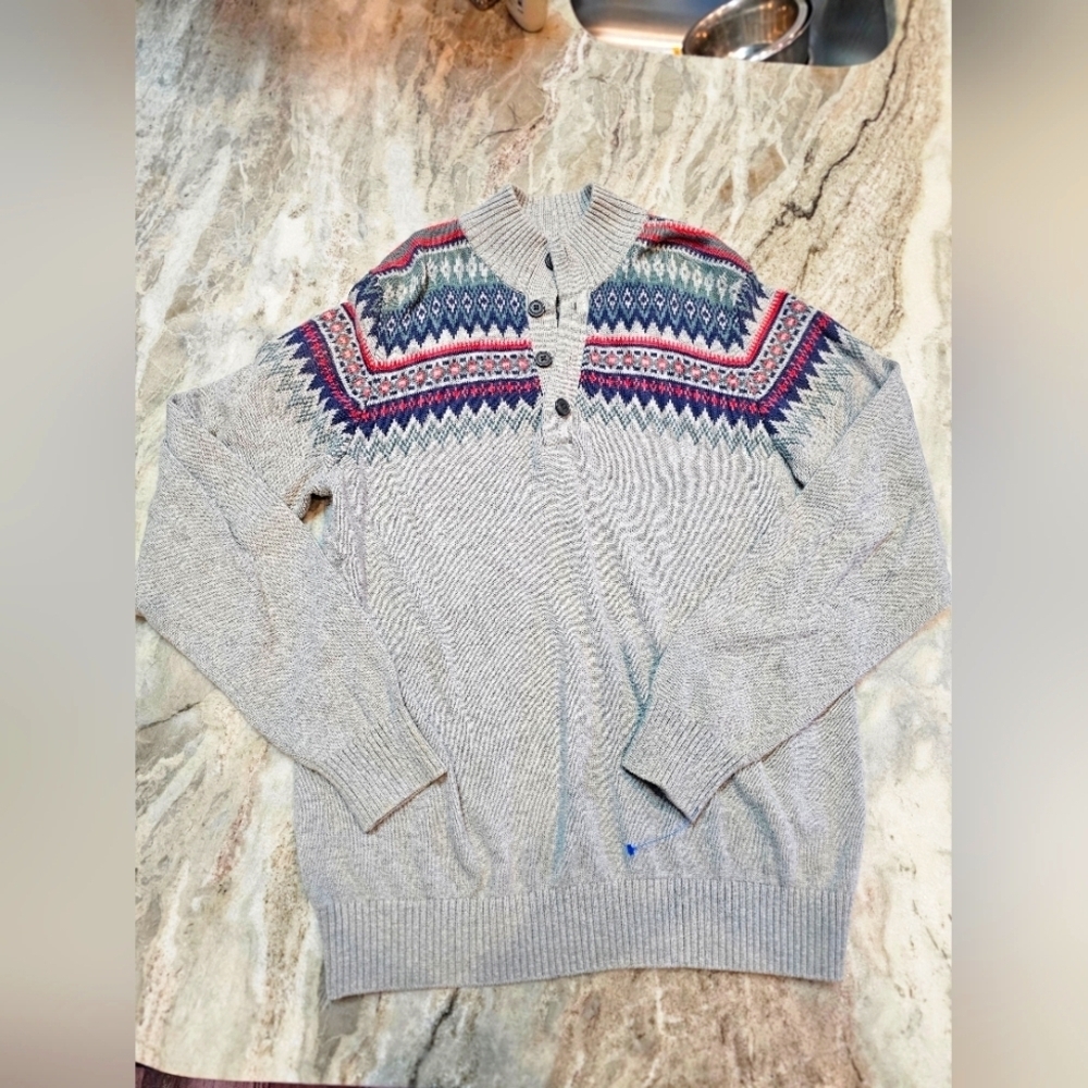 IZOD Men’s Fair Isle Sweater Size L Gray Cotton Nordic Henley Pullover